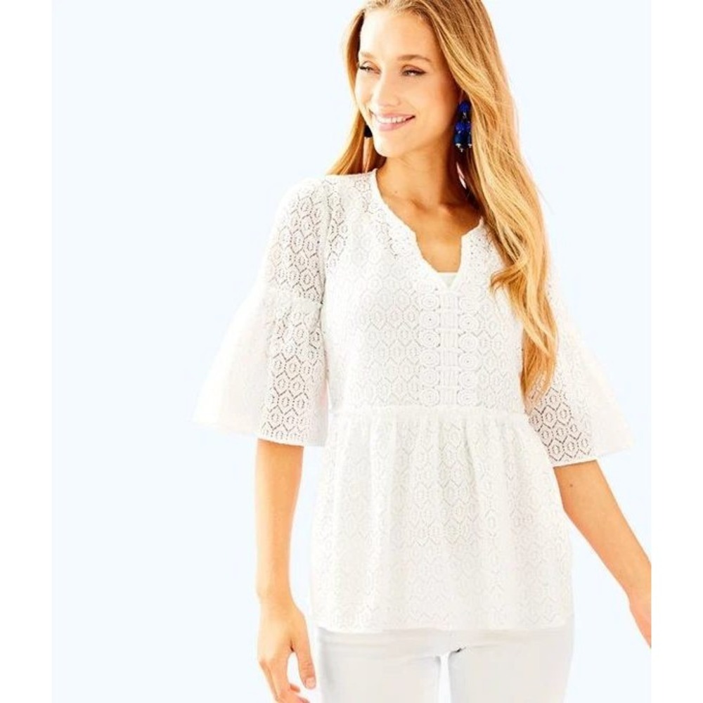 Lilly Pulitzer Inez Top Resort White Diamond Geo Lace Peplum Blouse M Eyelet